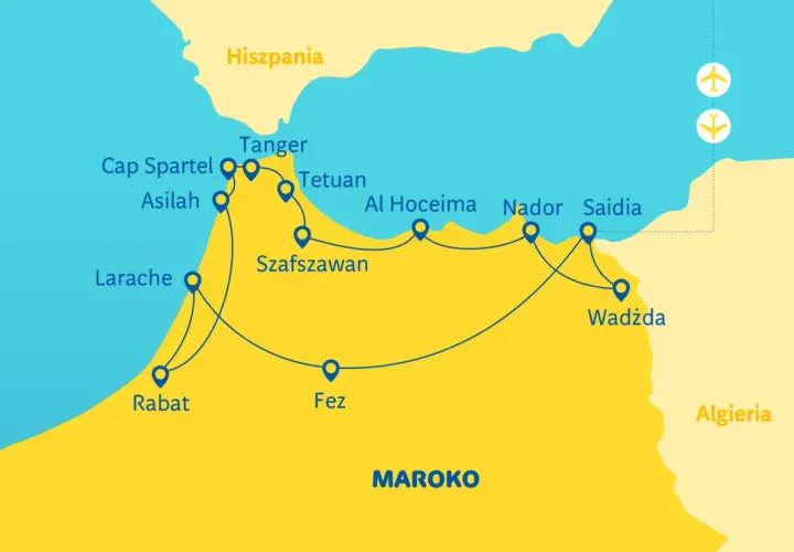 Mapa pokazuje trasę podróży z Hiszpanii do Maroka, obejmującą prom przez Cieśninę Gibraltarską i miasta takie jak Tanger, Rabat, Fez i Al Hoceima.