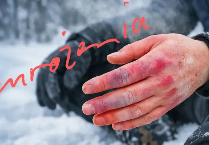 Dłoń z widocznymi odmrożeniami po kriokomorze. Palce zaczerwienione i sine, oznaki uszkodzeń spowodowanych ekstremalnym zimnem.