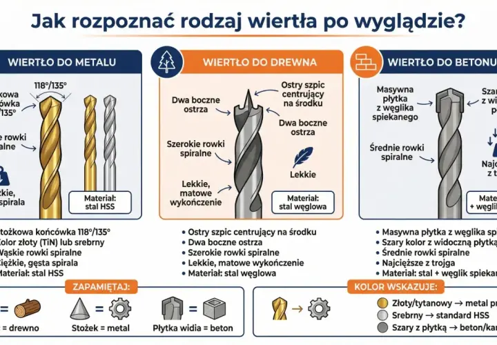 Wiertła do metalu (stożek, wąskie rowki), drewna (szpic, szerokie rowki) i betonu (płytka widia, średnie rowki). Dowiedz się, pod jakim kątem ostrzyć wiertła.