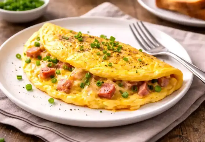 Une omelette simple et dorée, garnie de dés de jambon et de ciboule fraîche, prête à être dégustée.