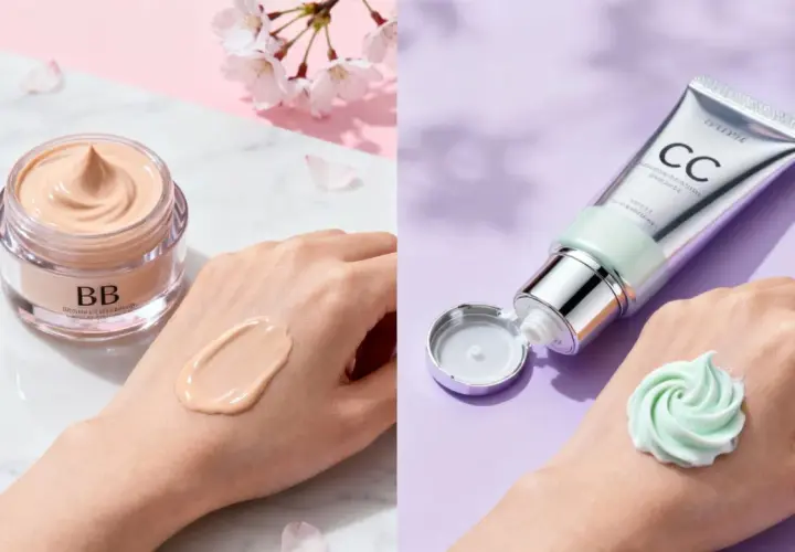 Jämförelse av bb cream vs cc cream: en beige kräm på handen bredvid en burk, och en mintgrön kräm på handen bredvid en tub.