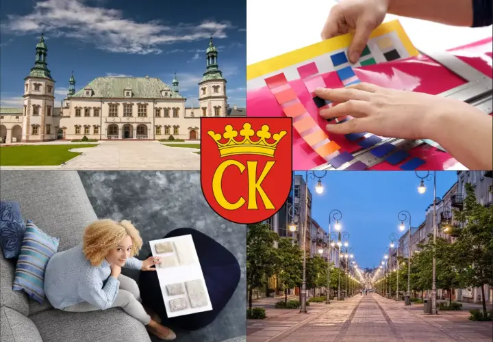Kielce: pałac, próbki kolorów, kobieta z próbkami tkanin, ulica z latarniami.