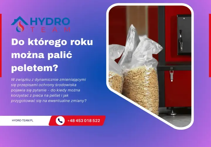 Pytanie: do kiedy można palić pelletem? Grafika przedstawia worki z pelletem i kocioł.