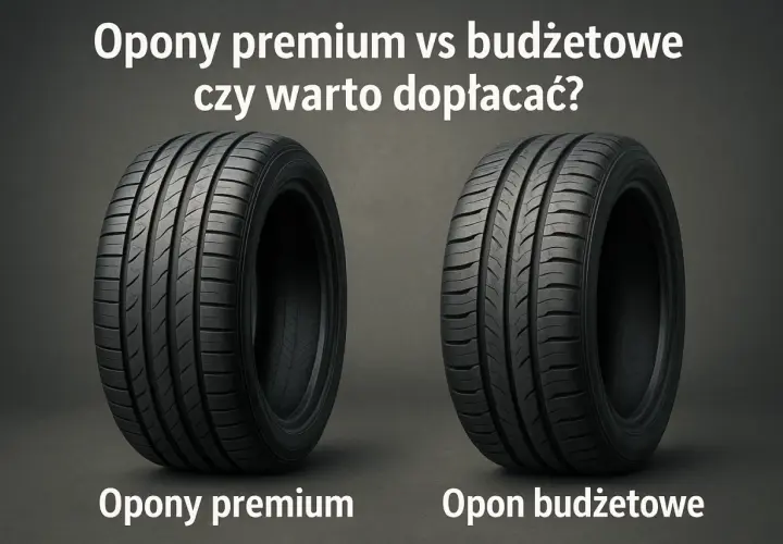 Dwie opony samochodowe: jedna premium, druga budżetowa, na ciemnym tle.
