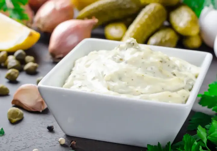Un bol d'aïoli crémeux, prêt à être dégusté. Ingrédients frais : ail, citron, câpres, échalotes, cornichons, persil. Une recette d'aïoli simple et savoureuse.