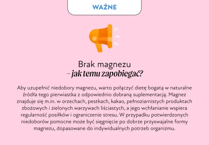 Grafika z hasłem "WAŻNE" i ikoną megafonu. Tekst informuje o tym, jak zapobiegać niedoborom magnezu, sugerując dietę i suplementację.