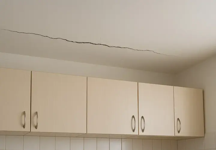 Pęknięcie na suficie nad szafkami kuchennymi. Może to być sygnał problemów z konstrukcją, wymagający uwagi i być może rekojmia.