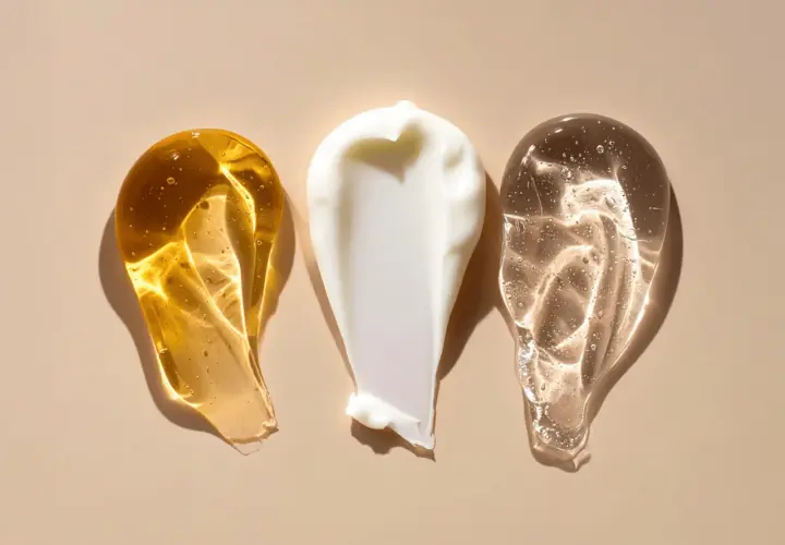 Tre olika krämsvansar: en gyllene olja, en vit kräm och en klar gel. Kanske en innehåller retinol, vitamin A för hudvård.
