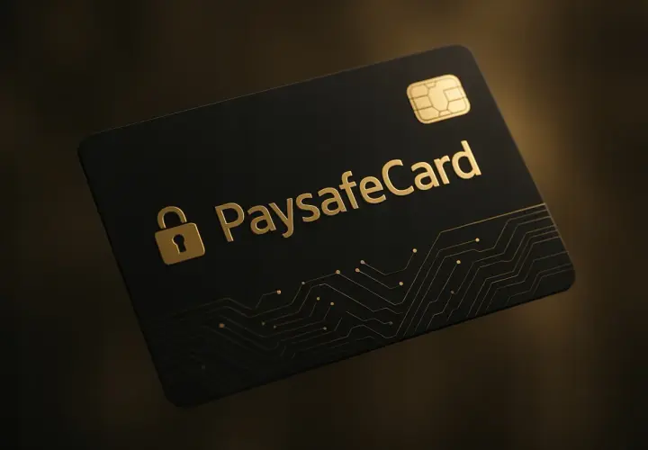 Elegancka, czarna karta z logo PaysafeCard i symbolem kłódki. Idealna do bezpiecznych płatności online.