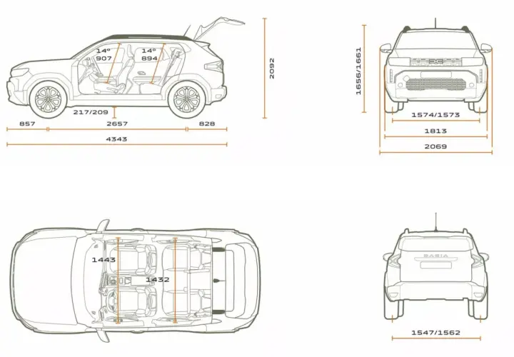 Schemat Dacia Duster z wymiarami. Widok z boku pokazuje długość 4343 mm, a z góry szerokość wnętrza 1443 mm.