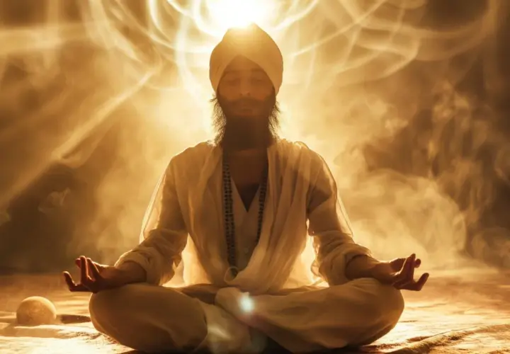 Mężczyzna w turbanie medytuje w pozycji lotosu, otoczony złotą poświatą i dymem, symbolizującym przebudzenie kundalini.