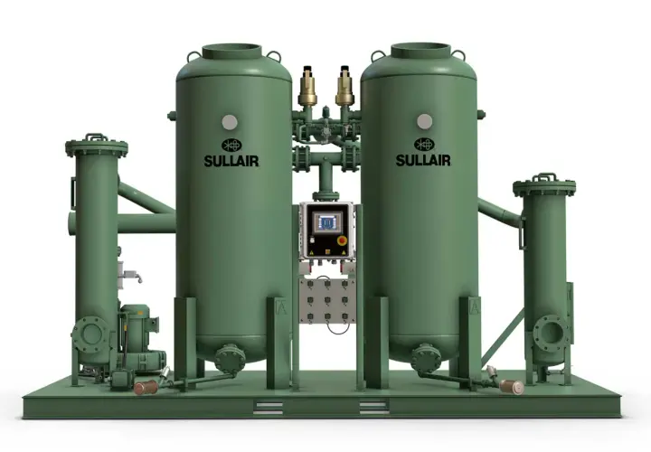 Sistema industrial Sullair con dos grandes tanques verdes y un panel de control central, un eficiente secador de adsorción.