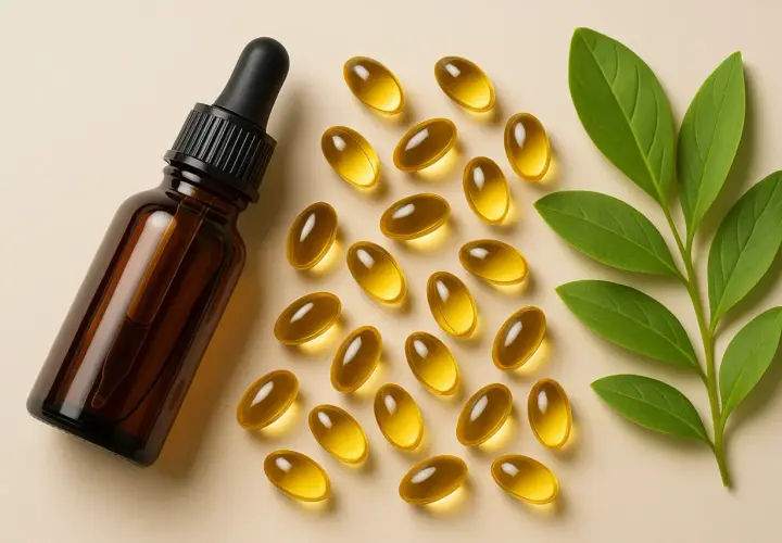 Frasco de vidrio ámbar con gotero y cápsulas doradas, ideales para el cuidado de la piel. Vitamina E para la piel.