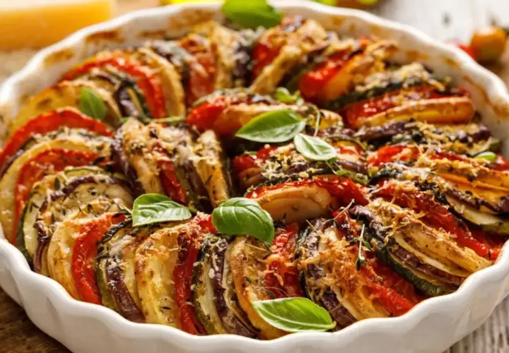 Un délicieux tian de légumes, aux rondelles colorées de tomates, courgettes et aubergines, gratiné au fromage et garni de basilic frais.