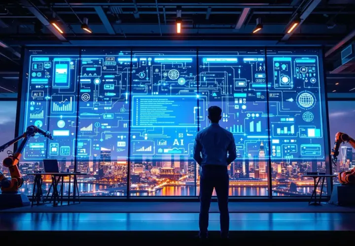 Un homme observe un écran futuriste affichant des schémas complexes et des données financières, symbolisant l'automatisation des processus robotisés (RPA) dans la finance.