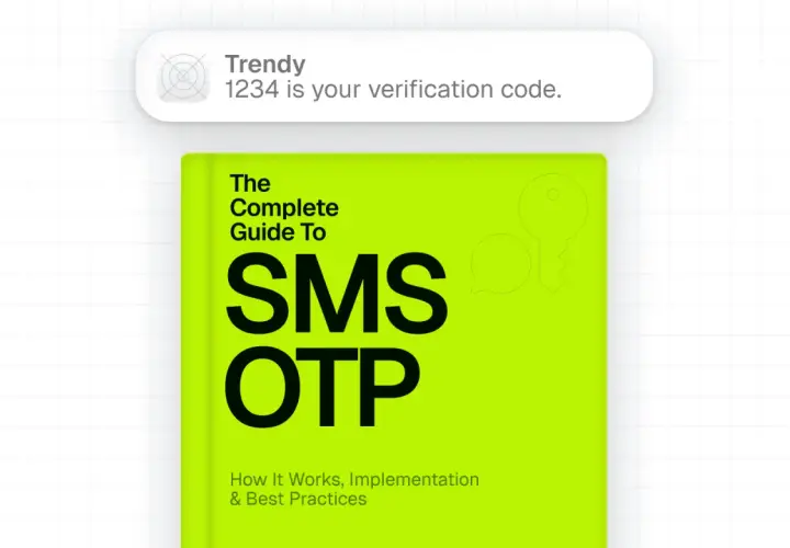Un mensaje de texto muestra "Trendy 1234 es tu código de verificación". Debajo, la portada de un libro sobre SMS OTP.