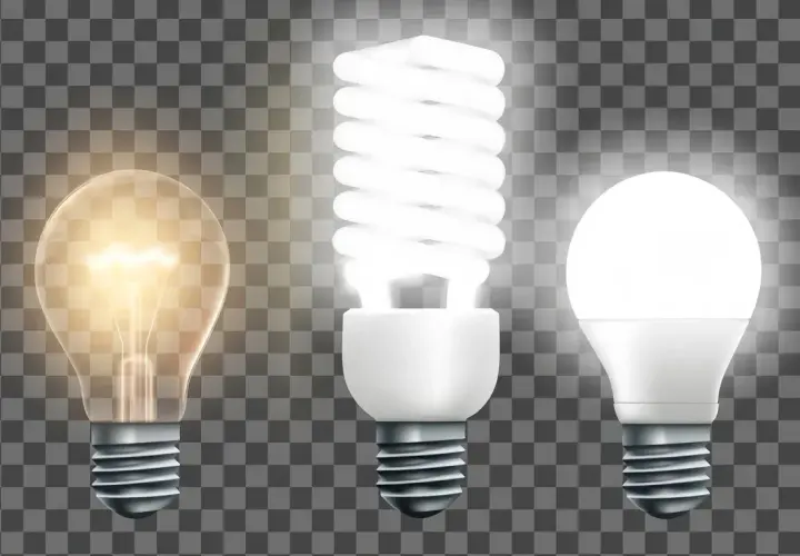 Tres bombillas: una incandescente, una fluorescente y bombillas led transparentes, mostrando la evolución de la iluminación.