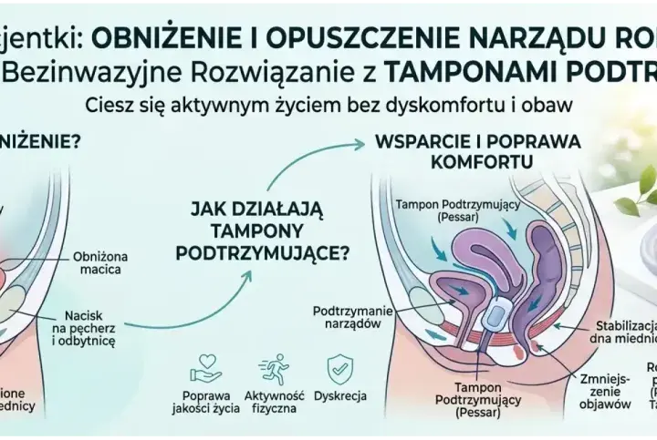 Ilustracja pokazuje, jak działa tampon podtrzymujący (pessar) w leczeniu obniżenia narządów rodnych. Pomaga w stabilizacji dna miednicy, poprawiając jakość życia.