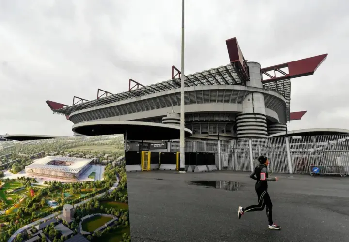 Wizualizacja nowego stadionu w miejscu San Siro, obok biegnącej osoby. Planowany san siro wyburzenie.