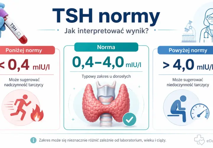 TSH co to? Wynik poniżej normy (<0,4 mIU/I) może sugerować nadczynność tarczycy, powyżej normy (>4,0 mIU/I) niedoczynność. Norma to 0,4-4,0 mIU/I.