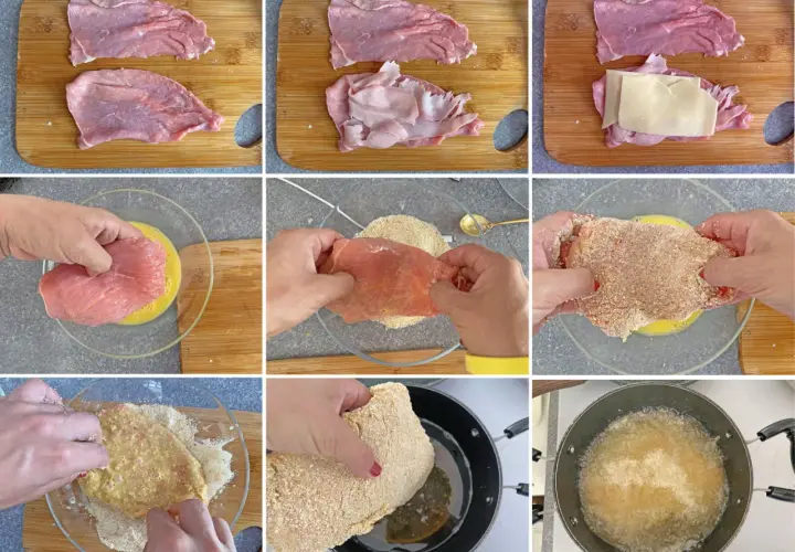 Preparazione delle bistecche alla valdostana: carne, prosciutto, formaggio, uovo e pangrattato per una deliziosa impanatura.