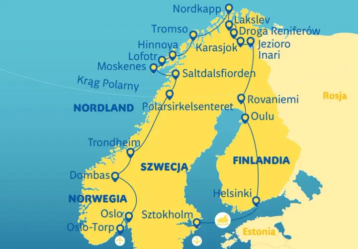 Mapa pokazuje trasę podróży przez koło podbiegunowe w Norwegii, Szwecji i Finlandii, z zaznaczonymi miastami jak Nordkapp, Tromso, Rovaniemi.