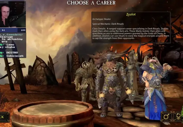 Wybór klasy Zealot w Warhammer Online. Postacie w mrocznych szatach, gotowe do walki.