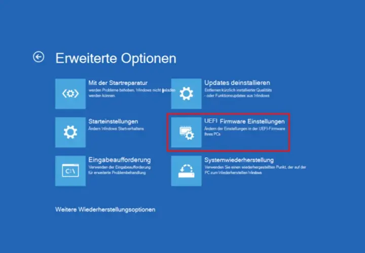 Erweiterte Optionen: UEFI Firmware Einstellungen ändern. Hier kann man auch die Einstellungen für Secure Boot anpassen, um den Startvorgang zu sichern.