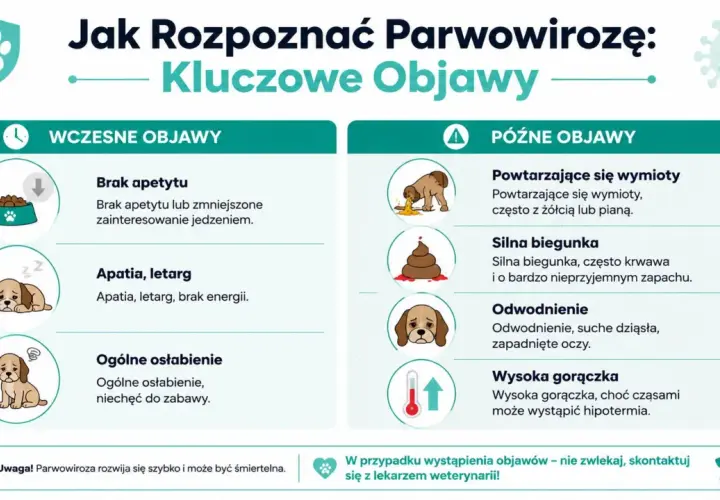 Objawy parwowirozy u psa: brak apetytu, apatia, wymioty, biegunka, odwodnienie, gorączka. Szybka reakcja jest kluczowa.
