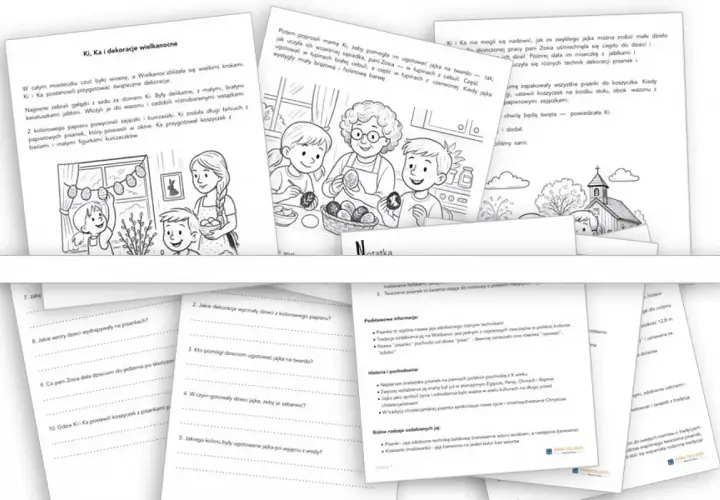 Karty pracy dla dzieci z wielkanocnymi zadaniami i ilustracjami. Dzieci ozdabiają dom, gotują jajka i tworzą świąteczne dekoracje.