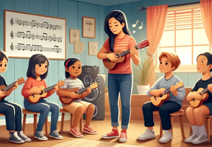 Nauczycielka prowadzi lekcję gry na ukulele. Dzieci uczą się prostych piosenek na 2 chwyty, patrząc na nuty na tablicy.
