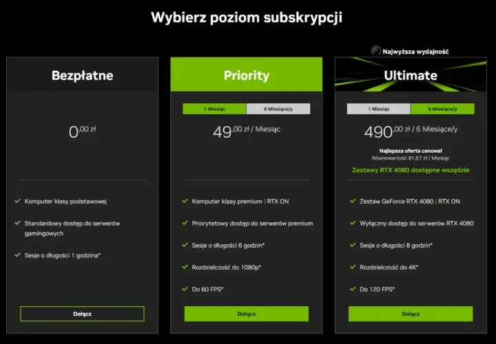 Porównanie cen GeForce Now: darmowy, Priority (49 zł/mies.) i Ultimate (490 zł/6 mies.). Wybierz najlepszą ofertę!
