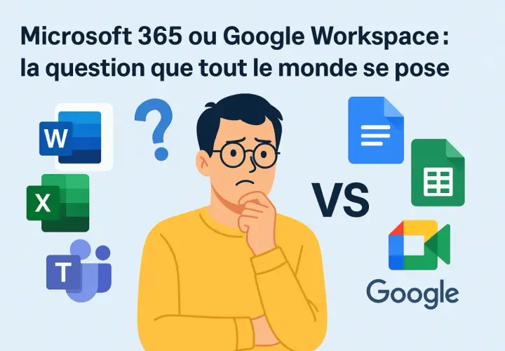 Un homme perplexe face aux logos de Microsoft 365 (Word, Excel, Teams) et Google Workspace (Docs, Sheets, Meet). Microsoft shared c'est quoi ?
