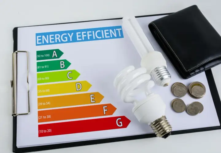 Klasa energetyczna E oznacza, że urządzenie zużywa sporo energii. Na wykresie widać żarówki, portfel i monety, sugerując oszczędzanie.
