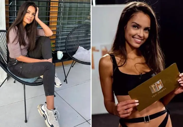 Klaudia El Dursi, uczestniczka Top Model, w luźnej stylizacji i z kartą Top Model.
