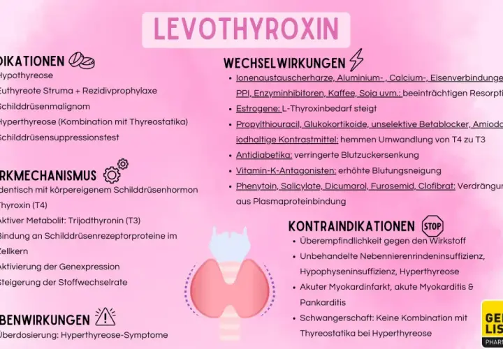 Levothyroxin: Indikationen, Wirkmechanismus, Wechselwirkungen, Kontraindikationen und Nebenwirkungen. Behandelt u.a. Hypothyreose.