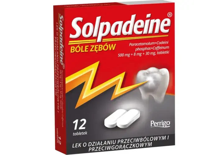 Opakowanie leku Solpadeine na bóle zębów, zawierające 12 tabletek. Składniki aktywne to paracetamol, kodeina i kofeina, podobnie jak w niektórych lekach z grupy vicodin.