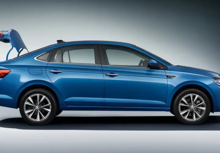 Niebieska Skoda Slavia z otwartym bagażnikiem, prezentująca elegancką sylwetkę i nowoczesny design.