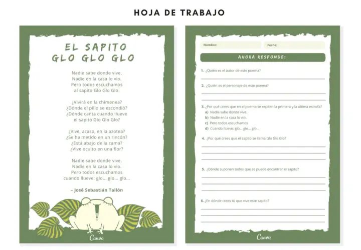 Ficha de lectura primaria para imprimir con el poema "El sapito Glo Glo Glo" y preguntas para responder.