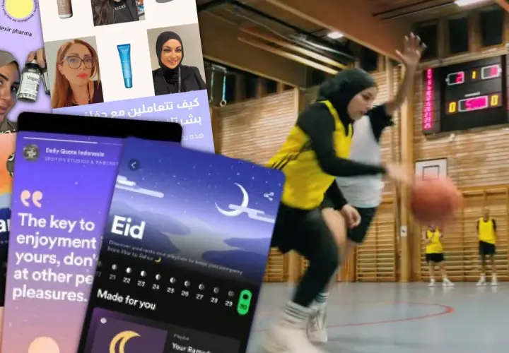 Kvinnor i hijab spelar basket, med skärmdumpar av appar som visar en islamisk citat om njutning och Eid.