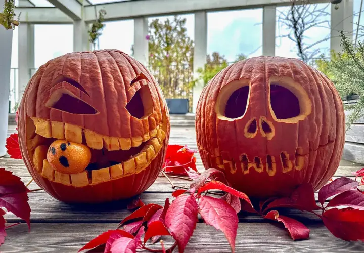 Due zucche intagliate per Halloween, una con una bocca spalancata e un piccolo fantasma mandarino, circondate da foglie rosse. Idee zucche intagliate per un tocco spettrale.