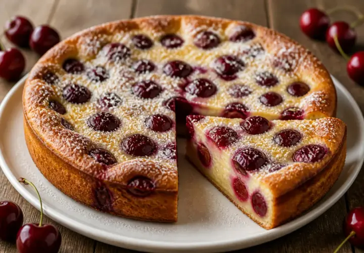 Clafoutis aux cerises, une recette facile et gourmande. Ce dessert doré, parsemé de sucre glace, invite à la dégustation.