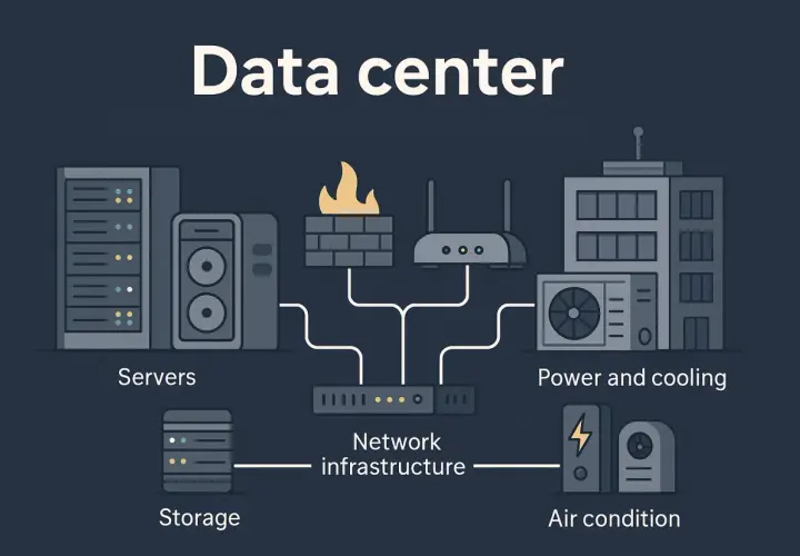 Schéma expliquant ce qu'est un data center : serveurs, stockage, infrastructure réseau, alimentation, refroidissement et climatisation.