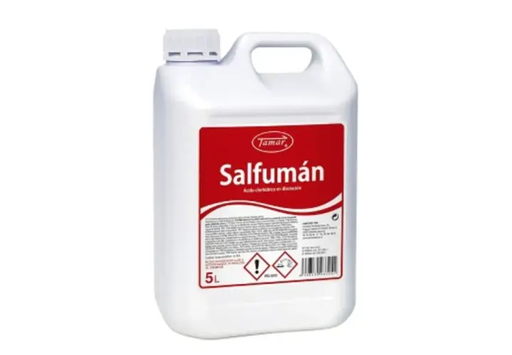 Bidón blanco de 5L de Salfuman, ácido clorhídrico en solución, para limpieza.