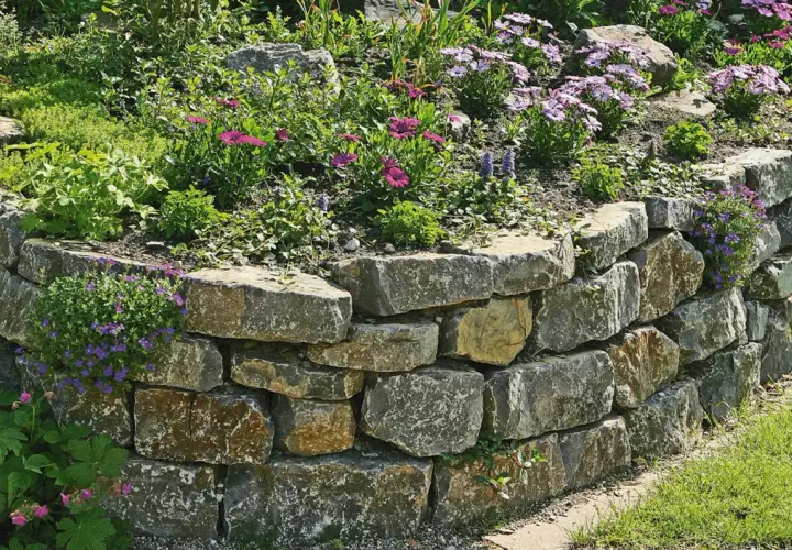 Eine rustikale **Trockenmauer** im **Garten** stützt ein Blumenbeet mit rosa und lila Blüten. Grüne Pflanzen ranken sich über die Steine.