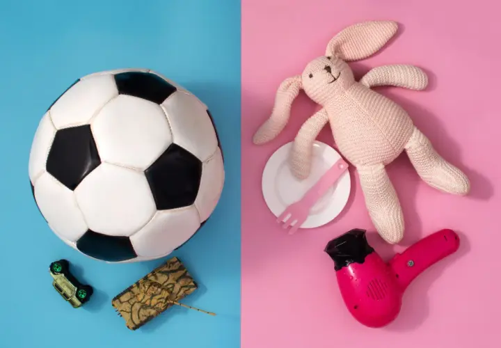 Pallone, macchinina e carro armato da un lato; coniglietto, piatto, forchetta e asciugacapelli dall'altro. Stereotipi di genere nei giocattoli.