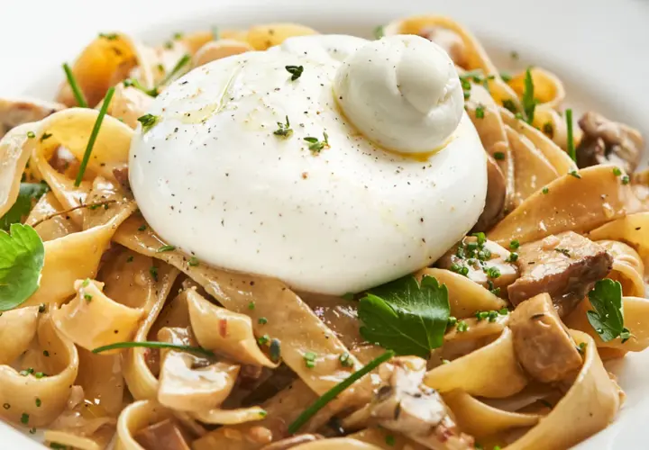 Pasta con burrata y champiñones, un plato cremoso y delicioso.