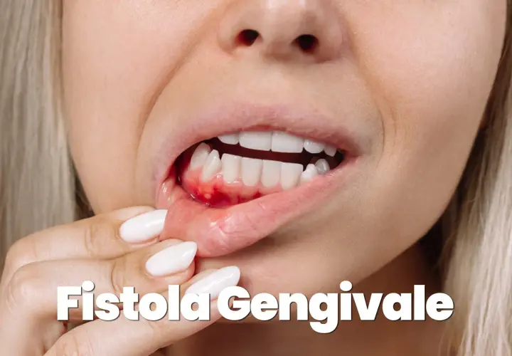 Dettaglio di una bocca con gengiva infiammata e gonfia, con piccole pustole. Potrebbe indicare una fistola gengivale, un sintomo da non sottovalutare, a volte associato a problemi più seri come un tumore.