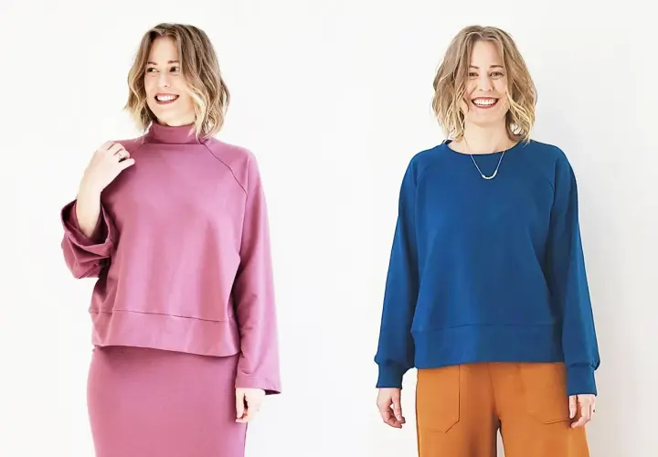 Two women model stylish sweatshirts, showcasing how to sew a sweatshirt with different necklines and colors.