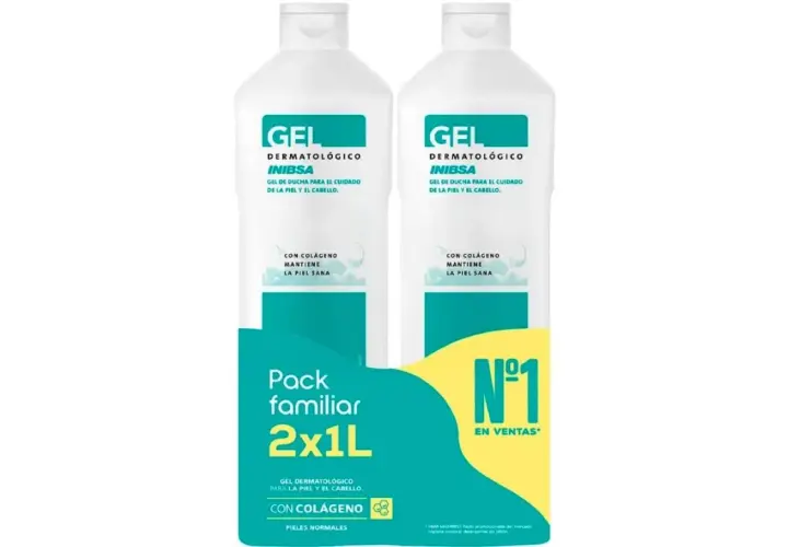 Pack familiar de jabón neutro Inibsa en Mercadona, 2x1L, gel dermatológico con colágeno para pieles normales.